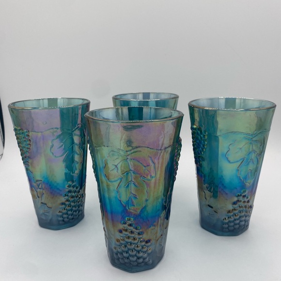 Indiana Glass Other - Vintage Indiana Carnival Glass Colony Harvest Grape Blue Tumblers Set Of 4